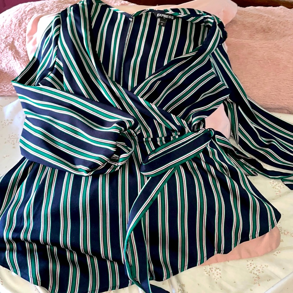 Express green, blue, and white striped peplum top